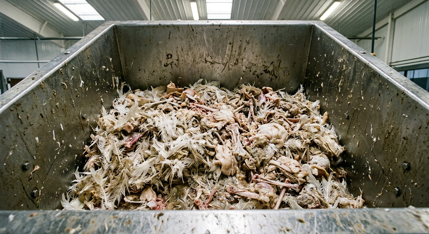 Mixed poultry raw material including feathers and bone in an intake hopper