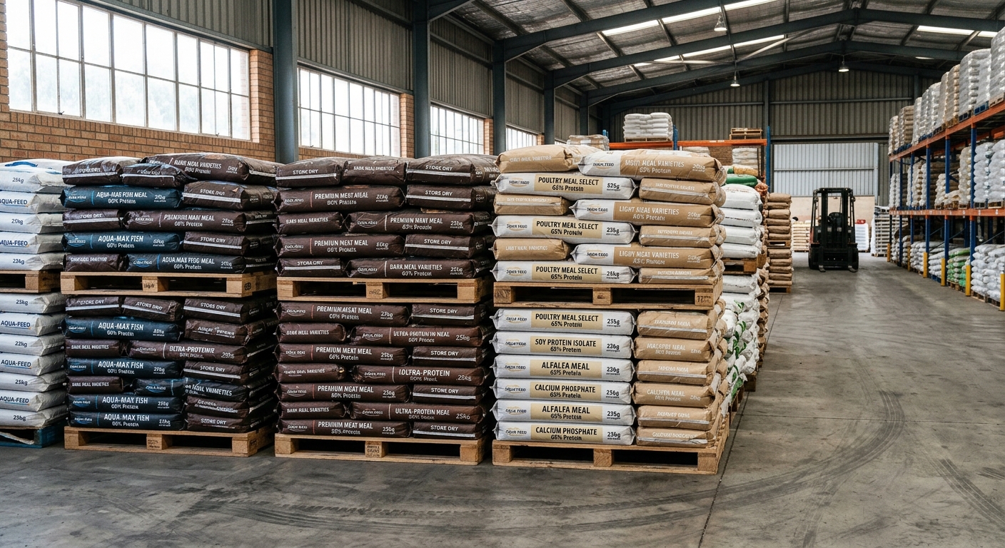 Bags of different grades of poultry protein meal stacked in a warehouse