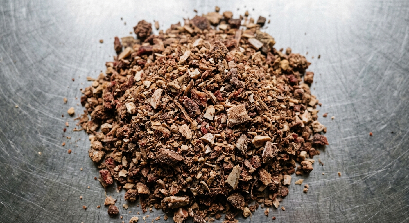 Close-up of meat and bone meal granules showing bone particle texture