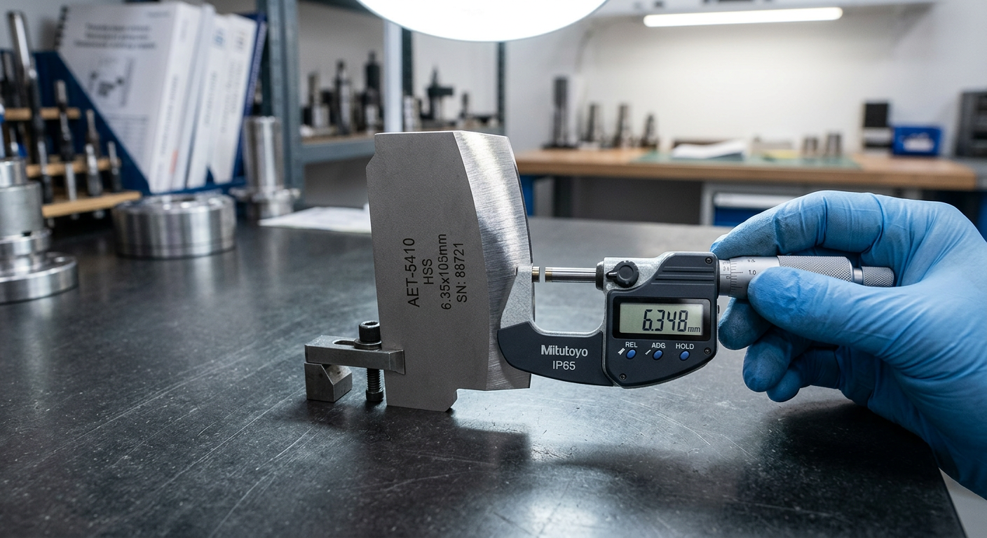 Precision industrial blade being measured with a digital micrometer during quality control inspection