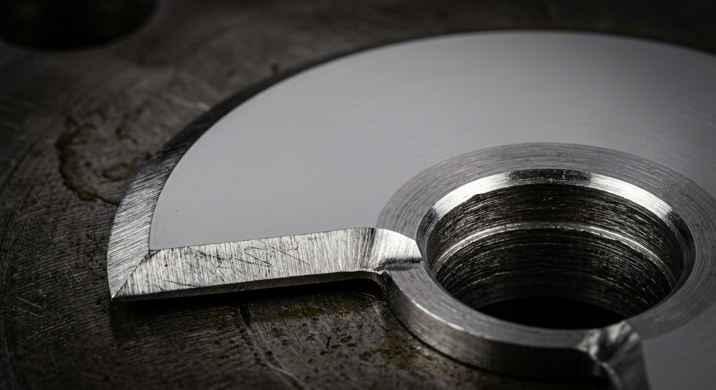 Precision-ground round disc blade close-up showing bevel edge and bore finish