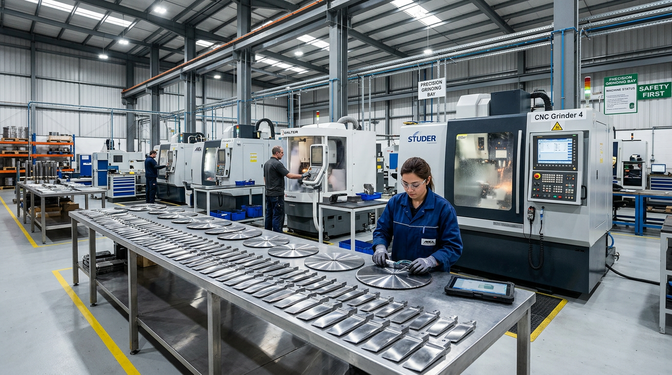 Industrial blade manufacturing floor with CNC grinding machines and blades on inspection table