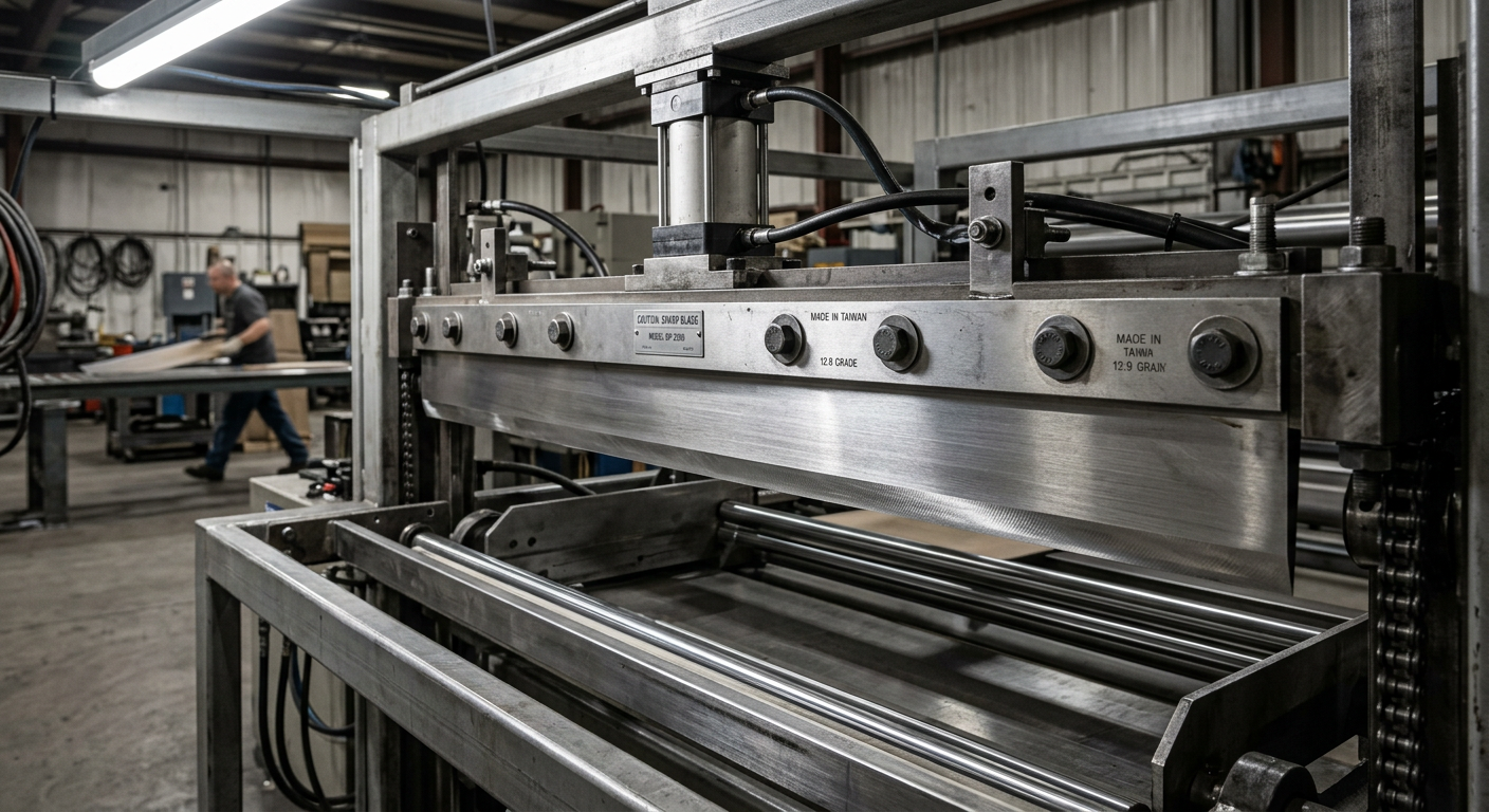 Straight guillotine blade mounted in packaging machine showing ground cutting edge