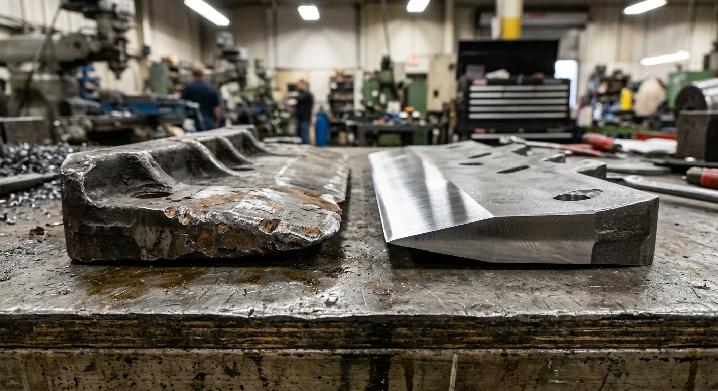 Comparison of chipped crusher blade and new sharp crusher blade on workbench