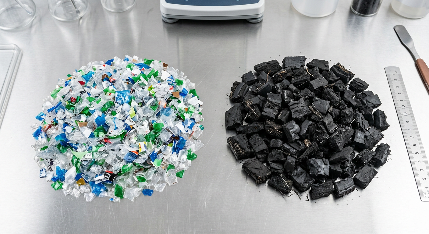 Shredded PET flakes compared to shredded rubber tire chunks