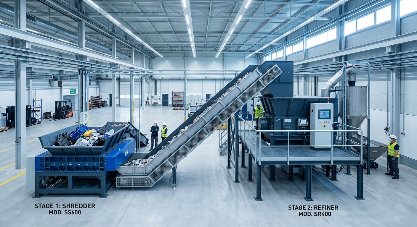 Two-stage shredding line with double-shaft primary and single-shaft secondary