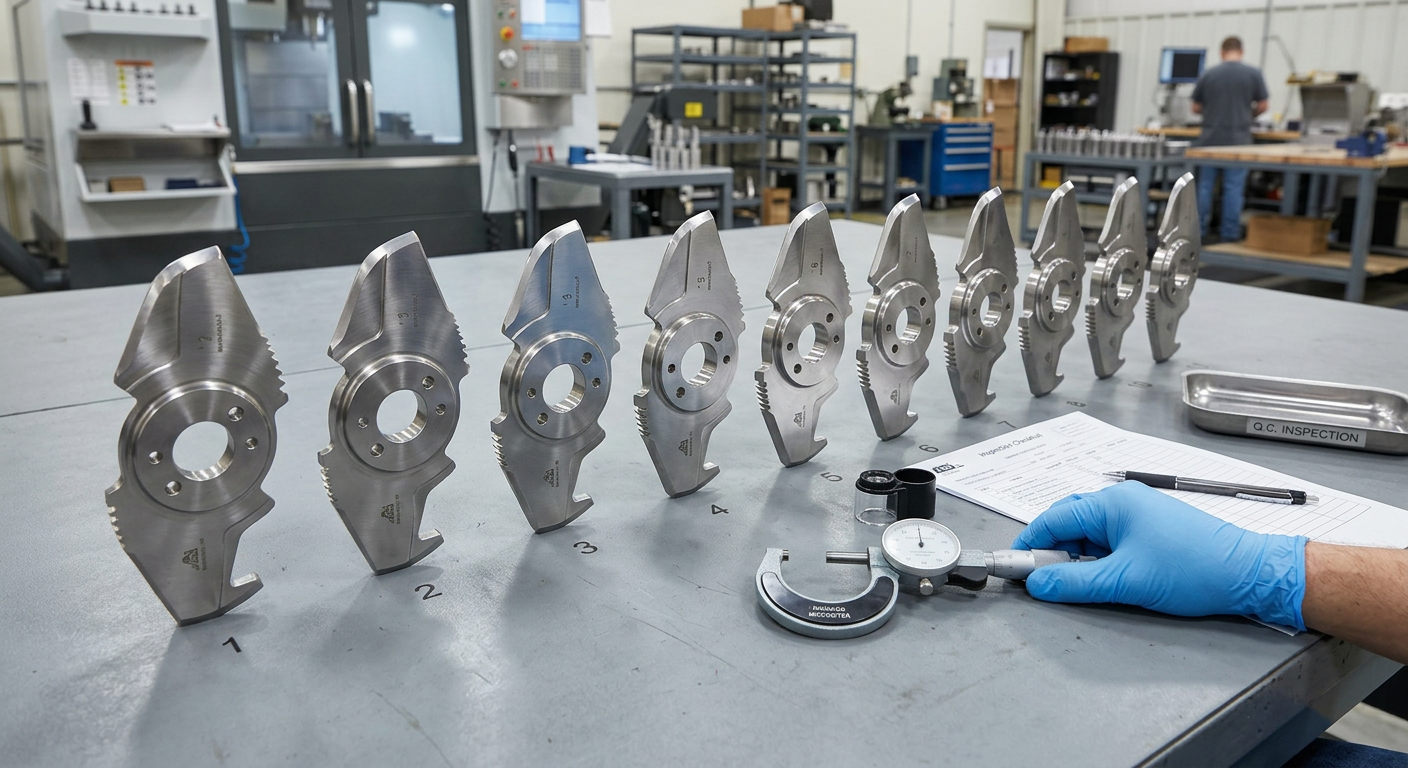 Row of identical custom food blades laid out for quality inspection
