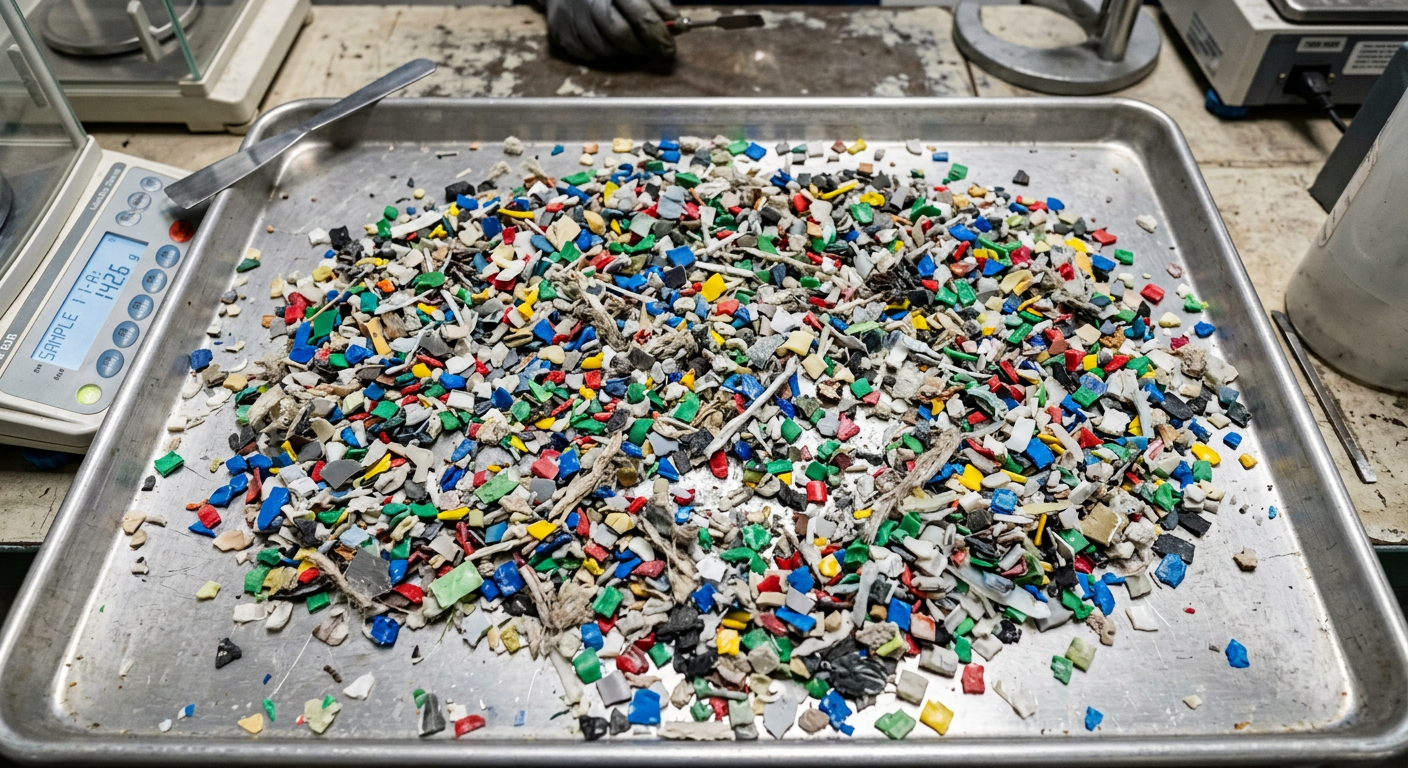 Mixed plastic regrind and shredded scrap samples on an inspection tray