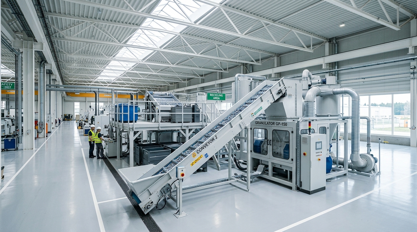 Plastic film recycling granulator line in a modern factory