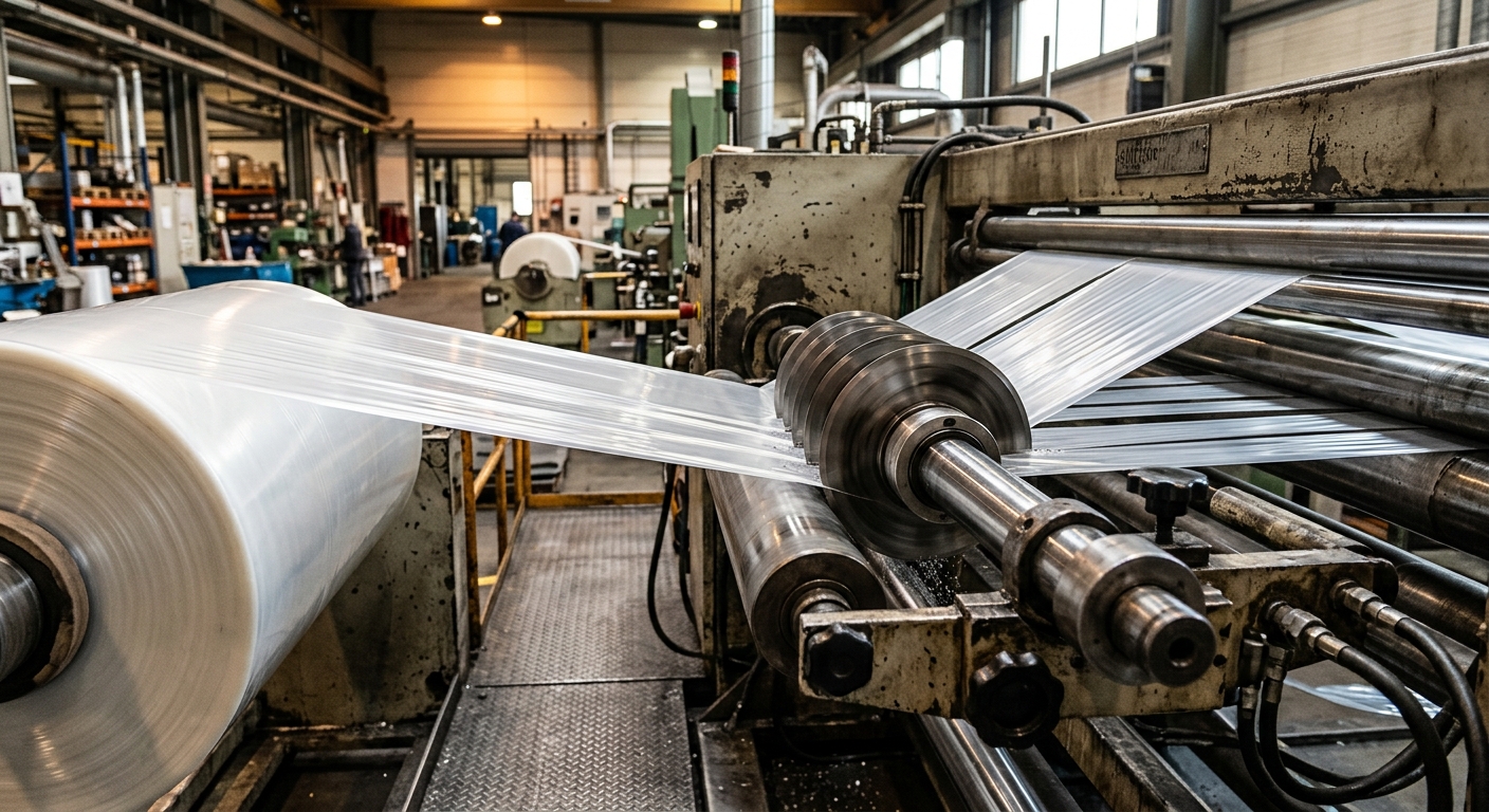 Industrial film slitting line with circular blades cutting plastic film