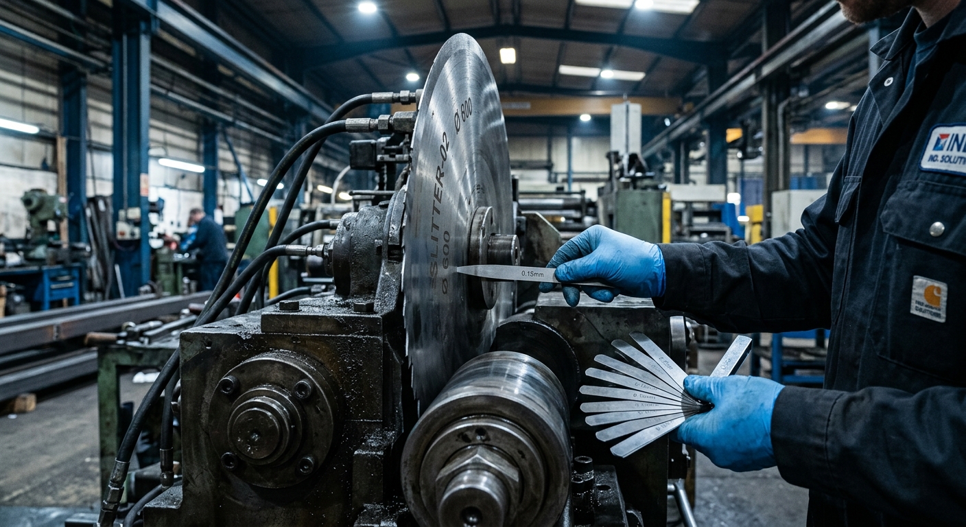 Feeler gauge measuring side clearance on an industrial slitter blade