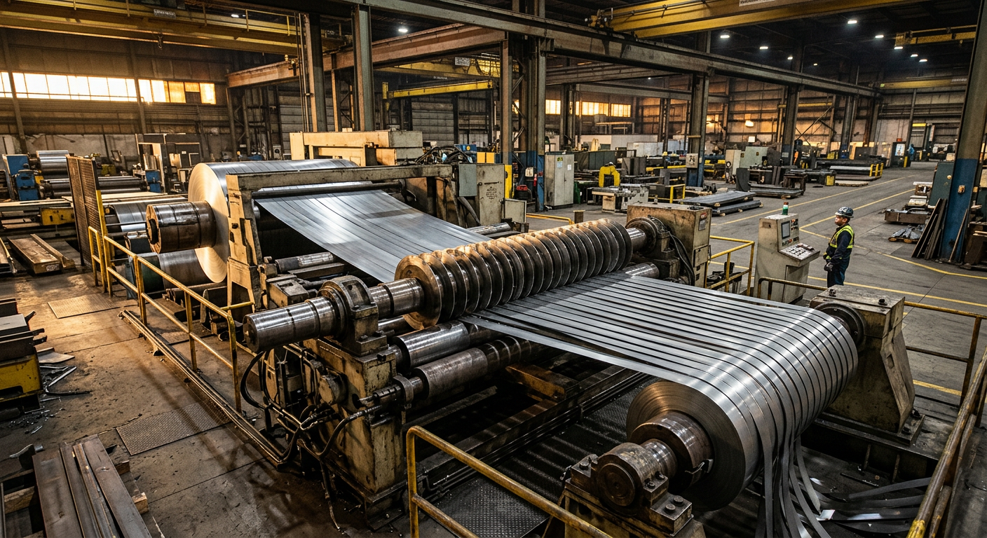 Wide industrial slitting line with multiple circular blades mounted across a shaft