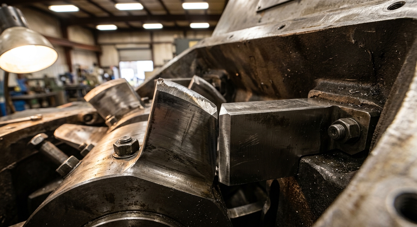 Close-up of granulator rotor blade and bed knife precision shear gap