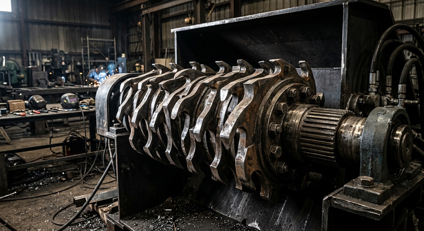 Hook-tooth shredder blade geometry mounted on industrial rotor shaft