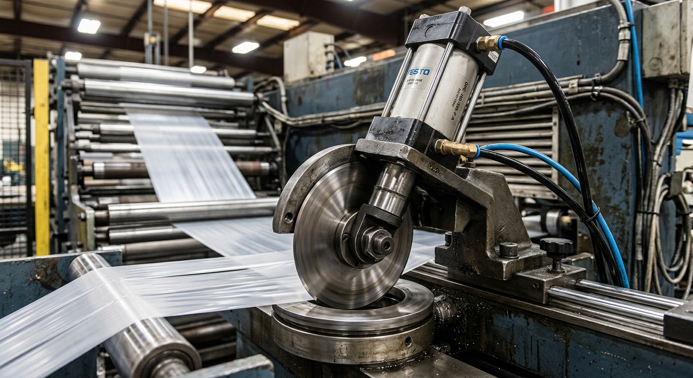 Close-up of pneumatic slitting knife cylinder and blade mounting arm