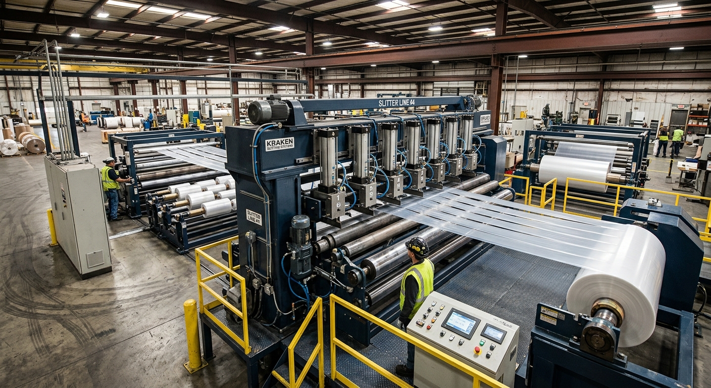 Industrial film slitting line with multiple pneumatic slitter knife stations
